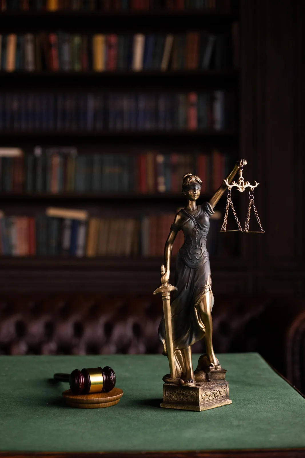 Scales of justice and gavel in a law library